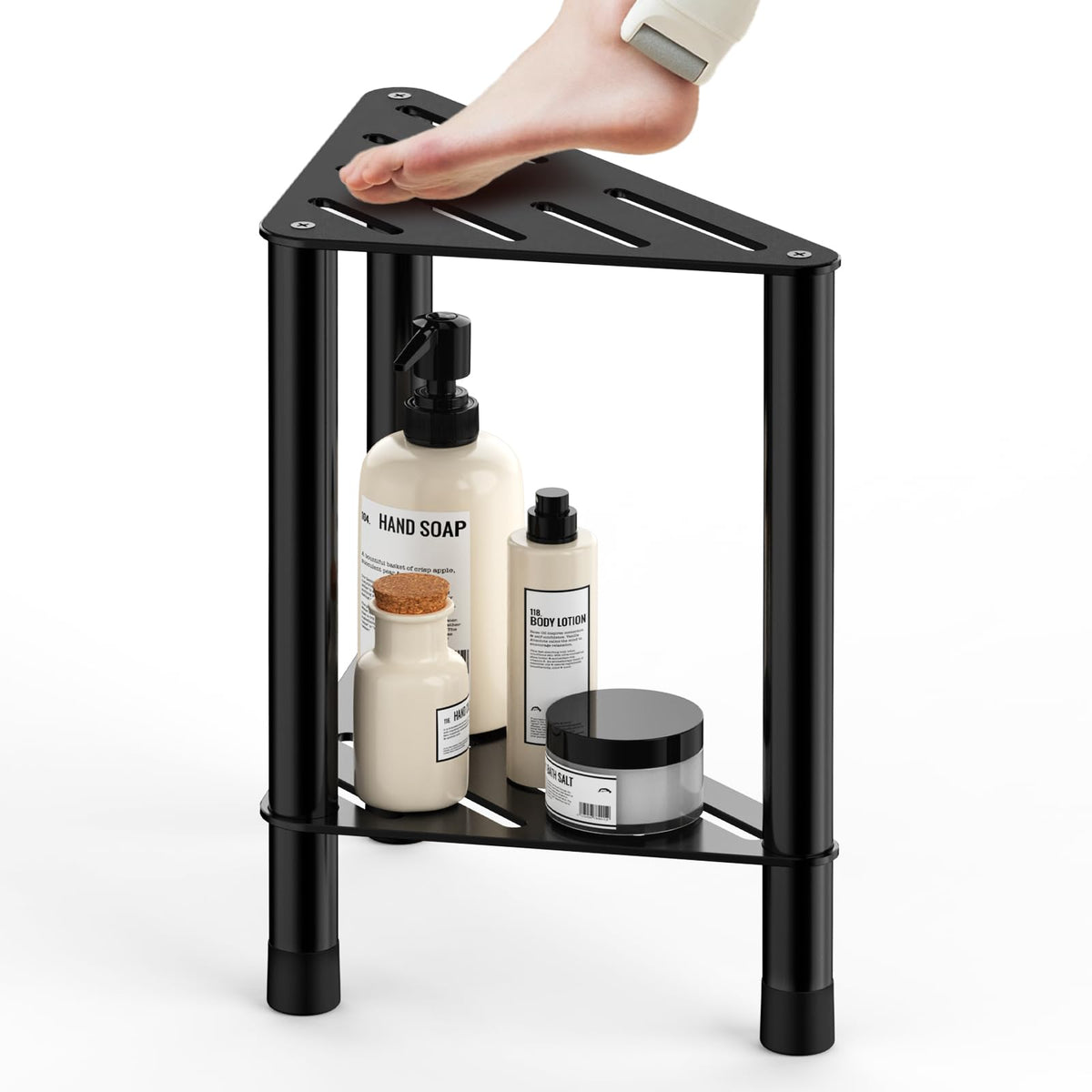 HzTinT corner shower stool with triangle design and storage shelf for bathroom organization