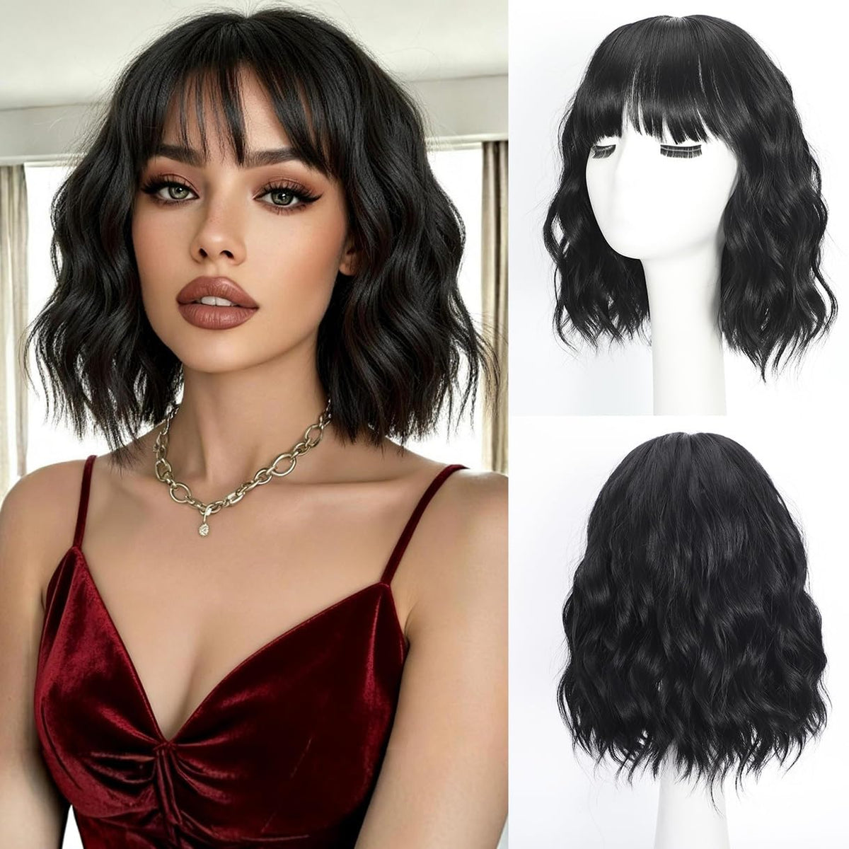 iaelev bob wig with bangs in black showing natural look and easy daily styling