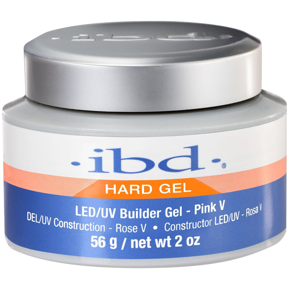 IBD Pink V hard gel bottle for LED/UV curing, ideal for nail enhancements.