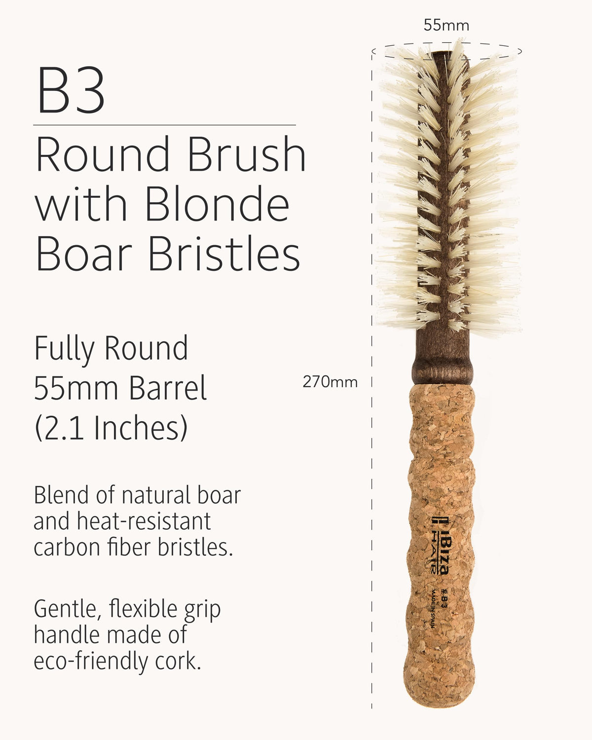 Ibiza Hair Cork Handle Round Brush combines grip and control for easy styling.