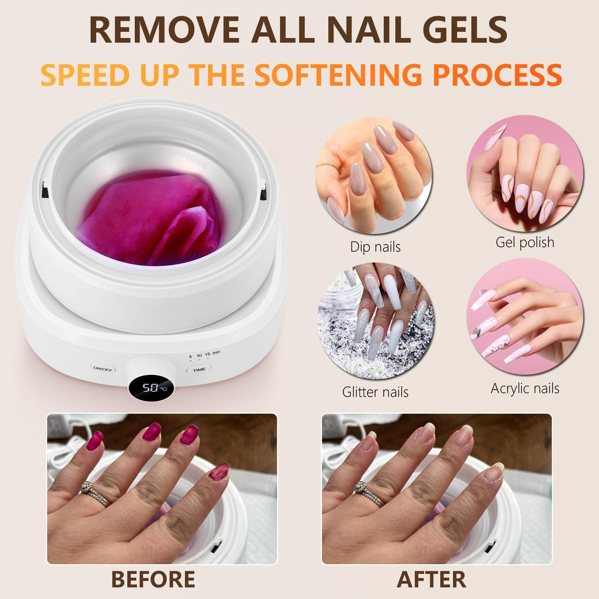 IBN G nail polish remover soak with gentle warmth to soften gel polish.