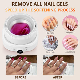 IBN G nail polish remover soak with gentle warmth to soften gel polish.