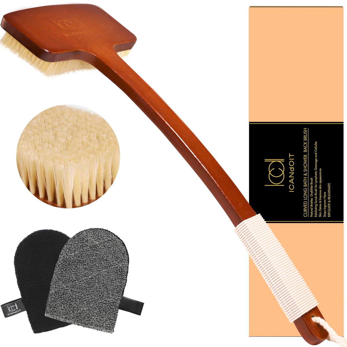 ICANdOIT Exfoliation Set back brush with long bamboo handle for easy reach.