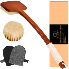 ICANdOIT Exfoliation Set back brush with long bamboo handle for easy reach.