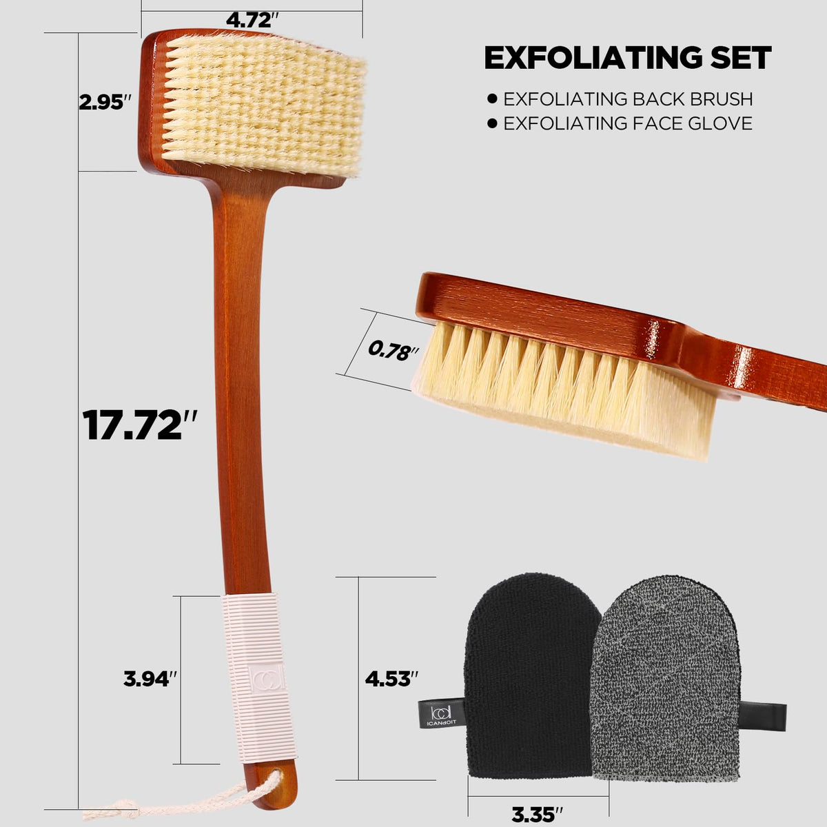 ICANdOIT Exfoliation Set bamboo curved handle designed for the back.