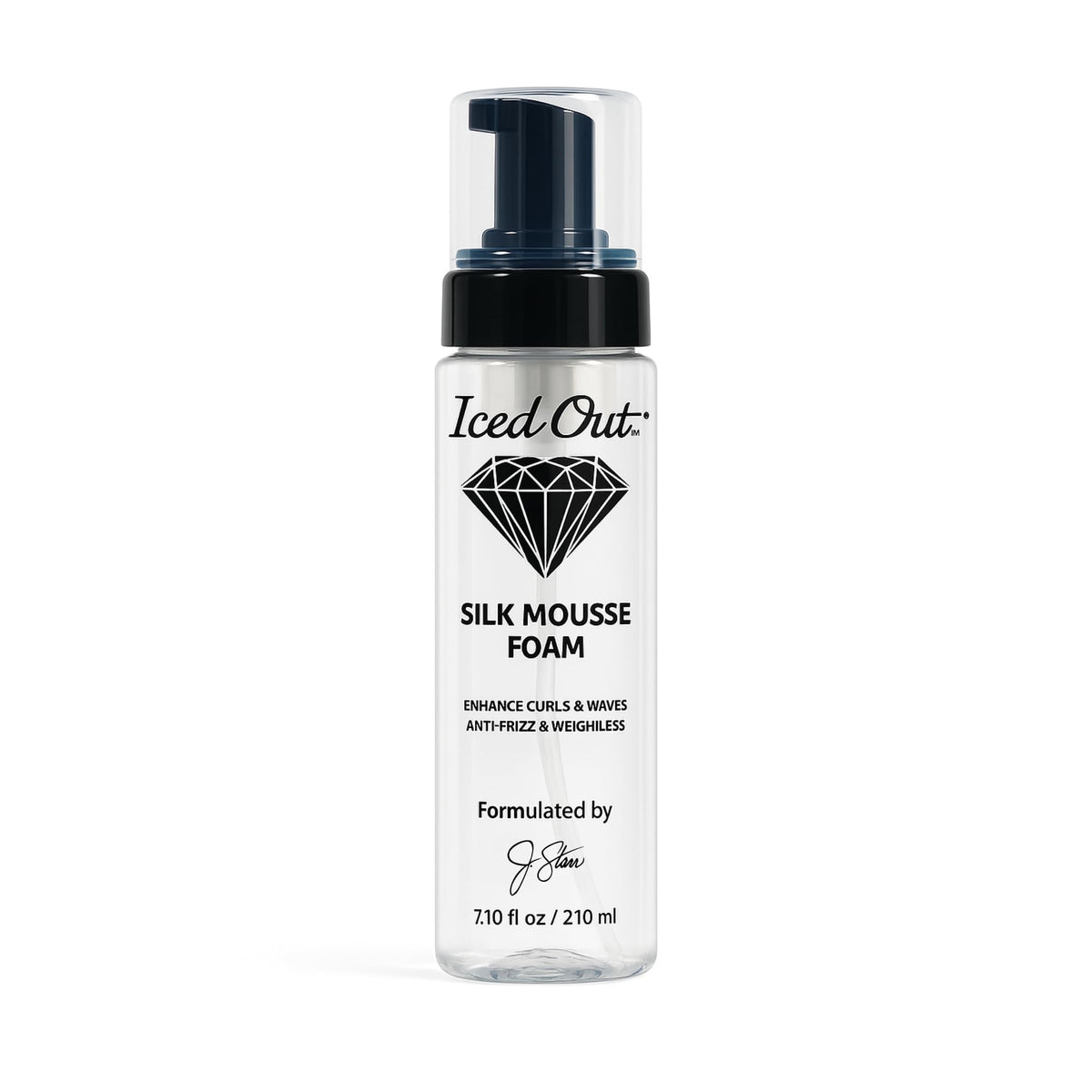 Iced Out Silk Mousse Foam bottle showing packaging and light, frizz-controlled curls appeal.