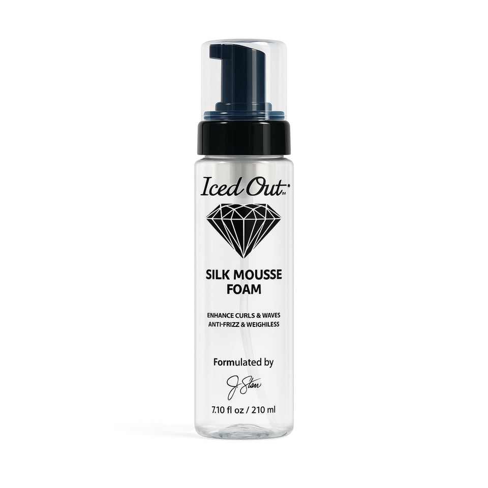 Iced Out Silk Mousse Foam bottle showing packaging and light, frizz-controlled curls appeal.