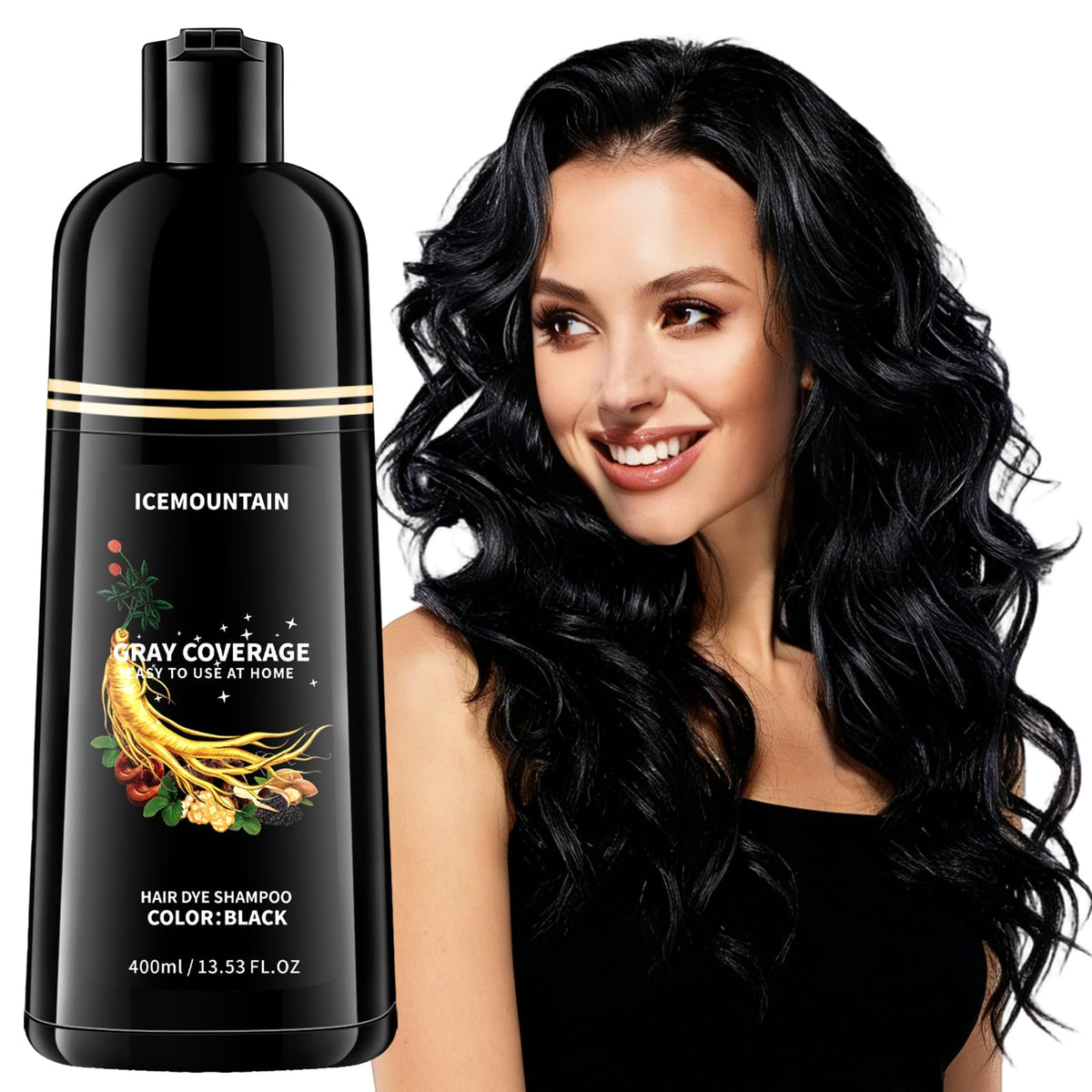 ICEMOUNTAIN Black Hair Dye Shampoo bottle ammonia free formula for at home coloring