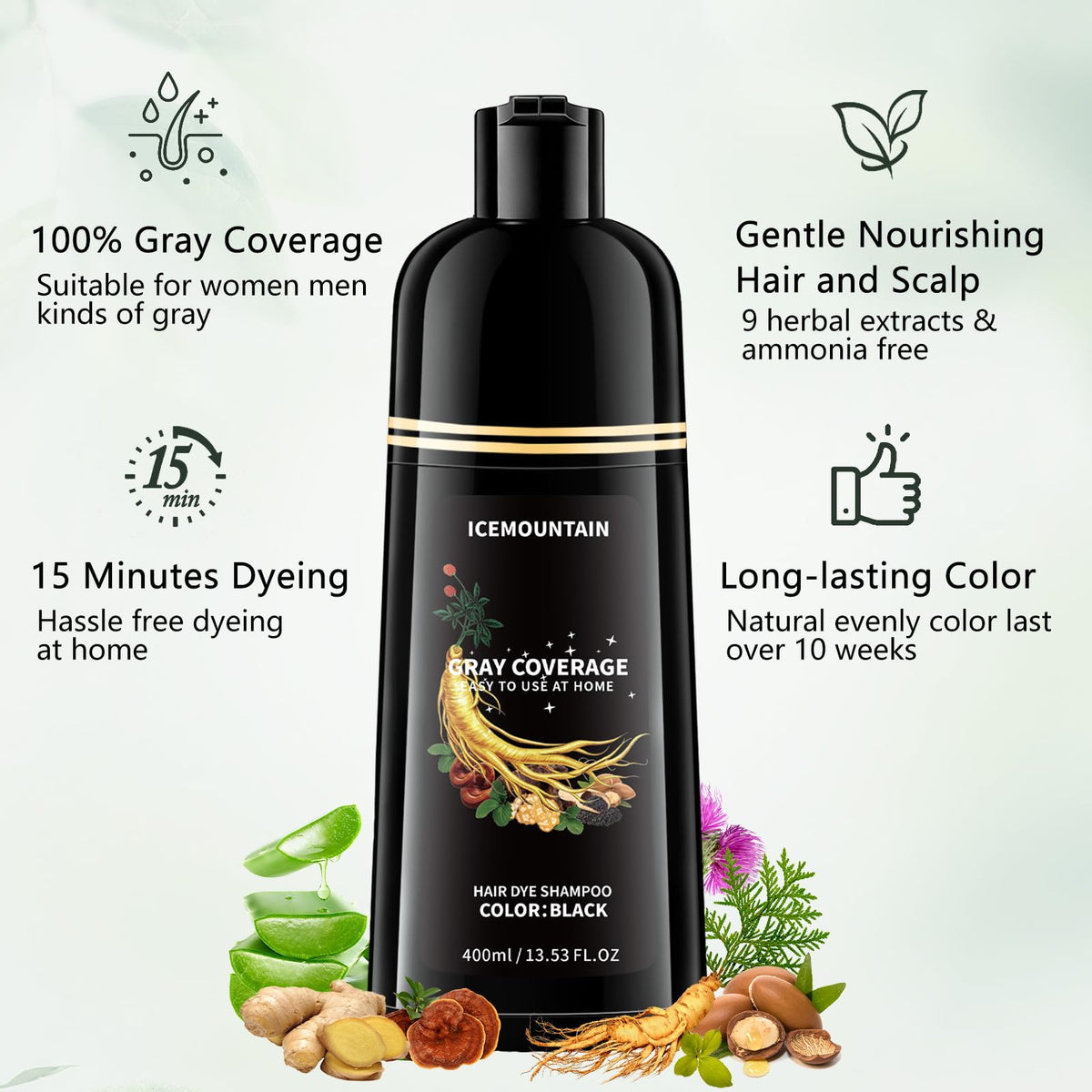 ICEMOUNTAIN natural herbal extracts label highlights nourishing botanicals for hair
