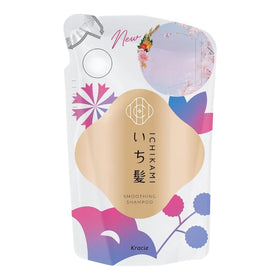 Ichikami smoothing shampoo refill bottle closeup showing smooth cuticles and manageable hair.