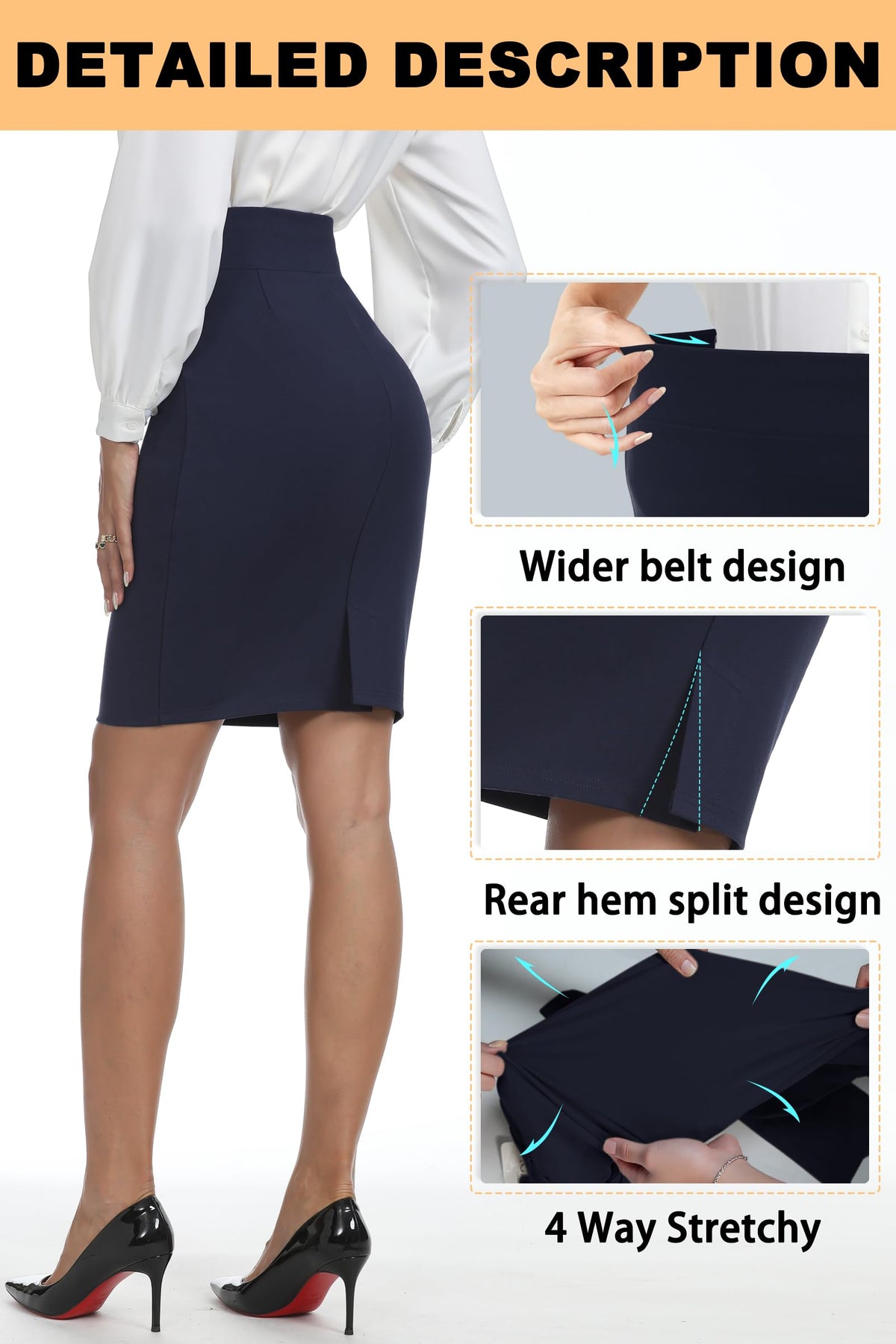 iChosy women's stretchy knee-length navy skirt, ensemble with blouse, ideal for polished business outfits.