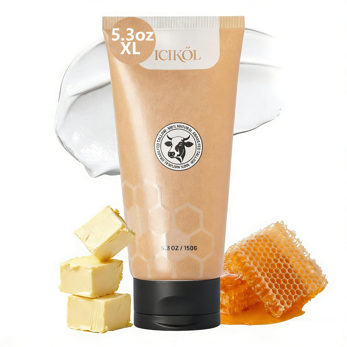 ICIKOL beef tallow face balm jar closeup, unscented for sensitive skin