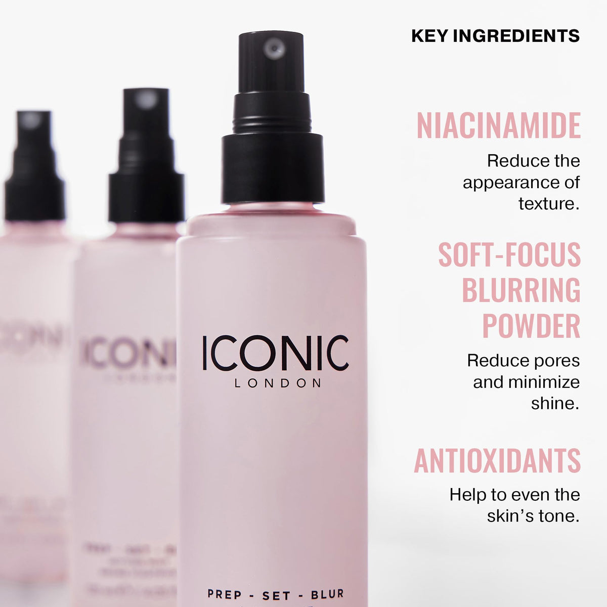 ICONIC LONDON makeup fix spray pump delivers even, controlled mist