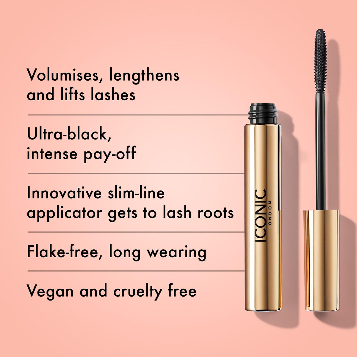 ICONIC LONDON Triple Threat Mascara lashes full and lengthened for dramatic flutter