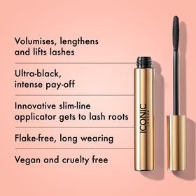 ICONIC LONDON Triple Threat Mascara lashes full and lengthened for dramatic flutter