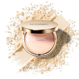 ICONIC LONDON Velvet Blur powder bottle front showing velvet translucent finish across skin tones