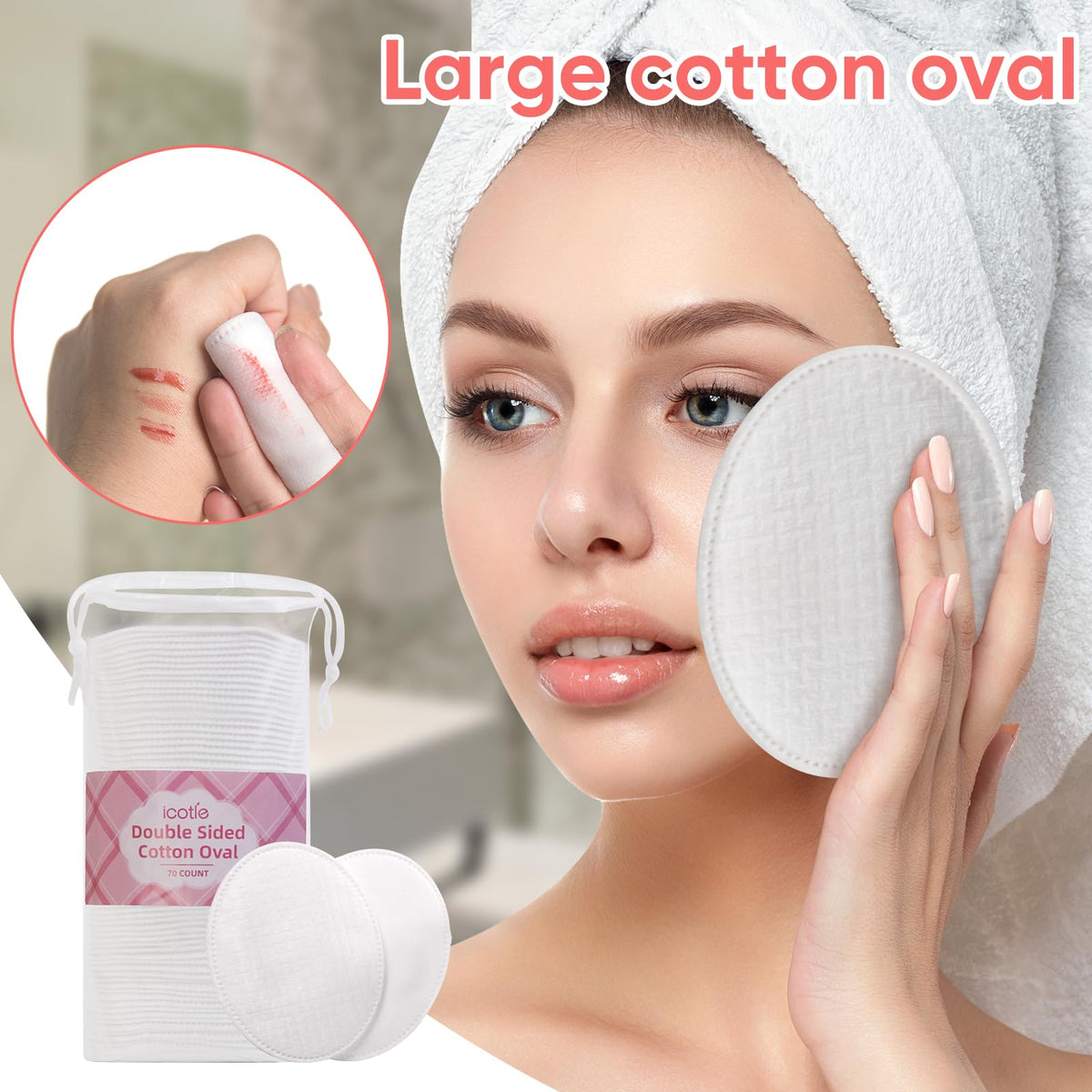 ICOTLE Large Oval Cotton Pads for makeup removal with dual textures