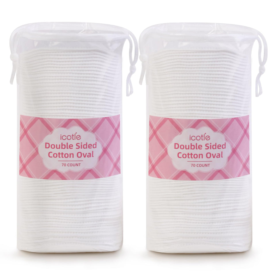 ICOTLE Large Oval Cotton Pads pack front view showing 140-count value for daily skincare