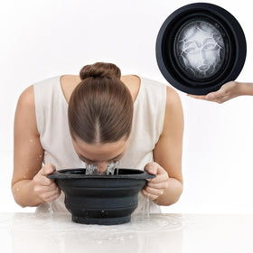 Icy-Mojo Facial Cold Plunge folded for travel, compact design enhances travel-friendly skincare.