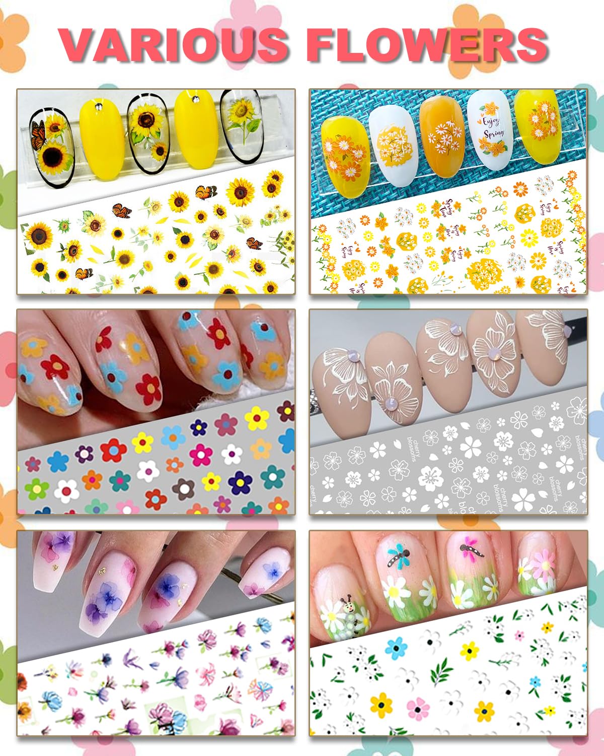 IDDFEVE daisy flower nail stickers add charming detail to natural or gel nails