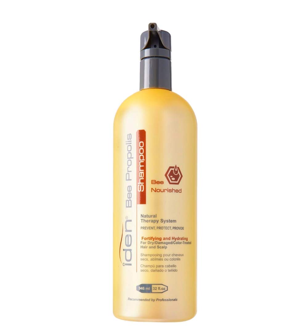 Iden Bee Propolis Nourished Shampoo bottle for dry, chemically treated hair with keratin benefits.