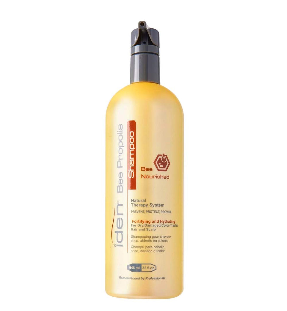 Iden Bee Propolis Nourished Shampoo bottle for dry, chemically treated hair with keratin benefits.