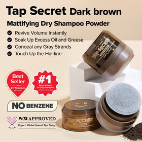 I DEW CARE Tap Secret Dark Brown dry shampoo powder close-up for instant refresh.