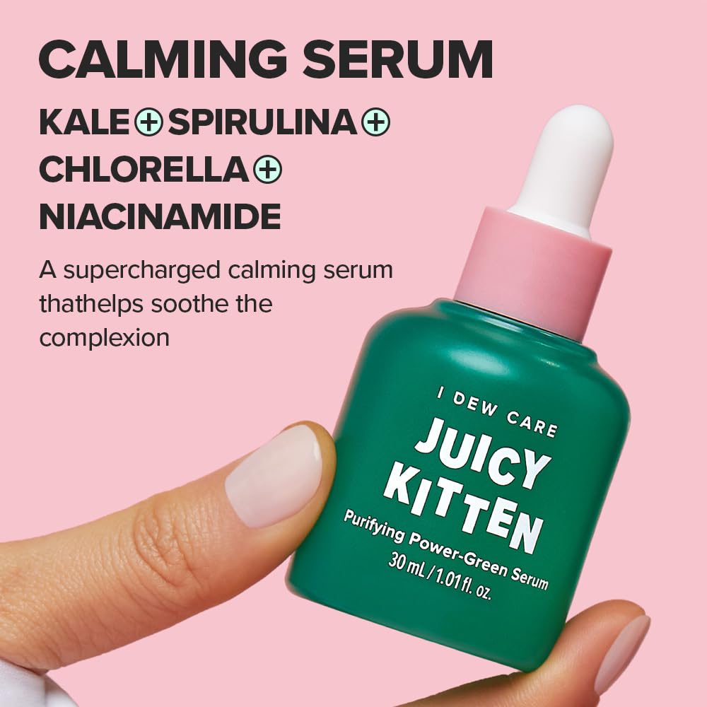 I DEW CARE Juicy Kitten Power-Green serum swirl for an even-toned complexion.