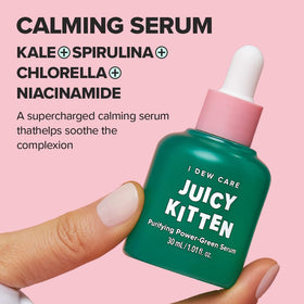 I DEW CARE Juicy Kitten Power-Green serum swirl for an even-toned complexion.