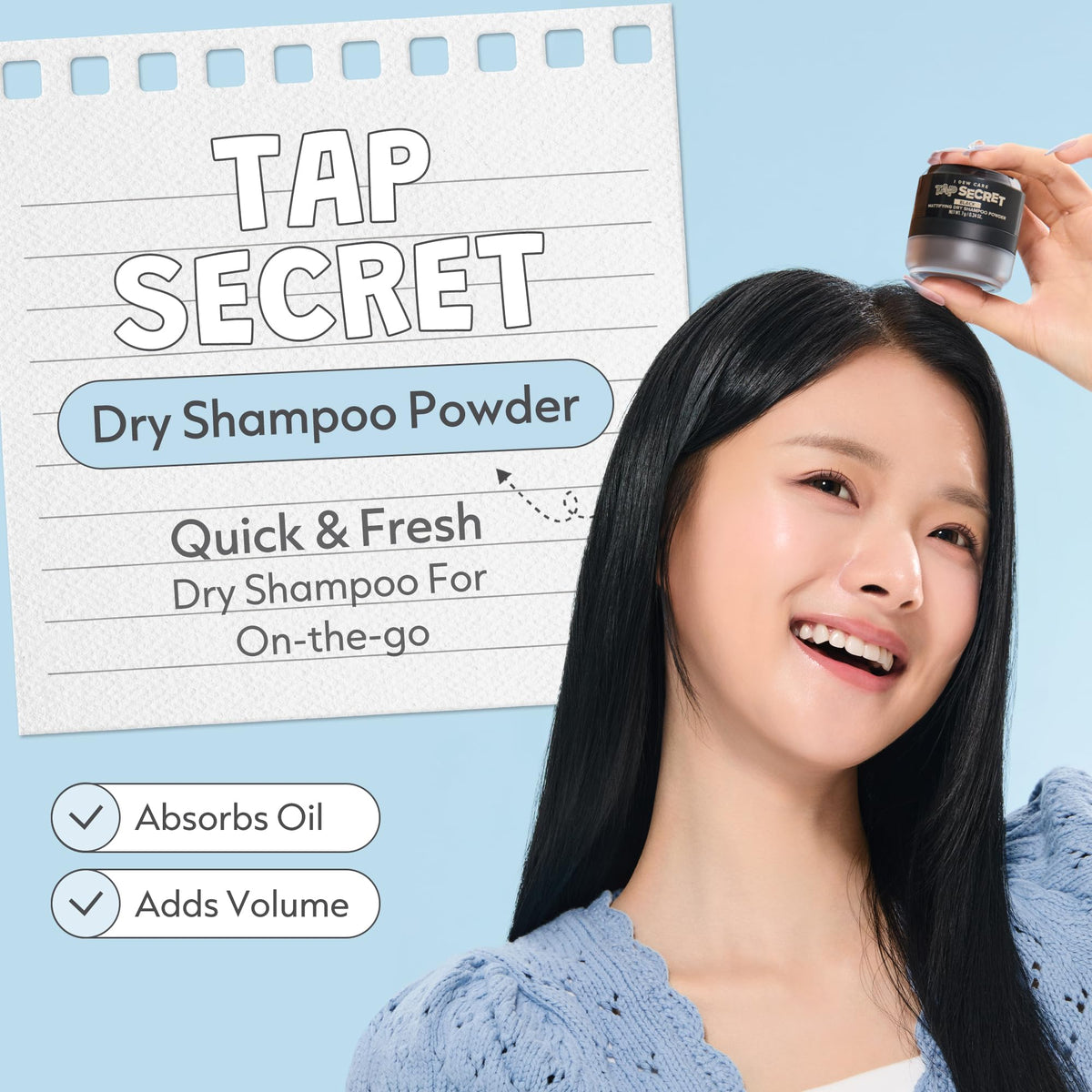 I DEW CARE Tap Secret Biotin Dry Shampoo powder-dispersion on scalp, absorbs excess oil