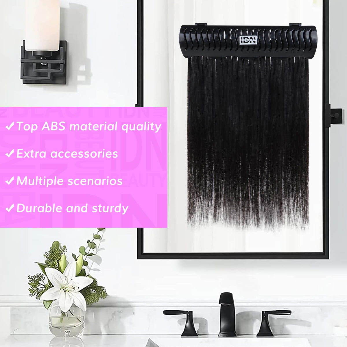 IDN BEAUTY Hair Extension Holder Stand organized storage for wigs and bundles after styling.