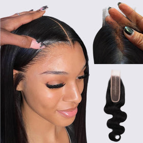 IDN BEAUTY Skinlike HD closure in 14in body wave close-up for seamless natural look