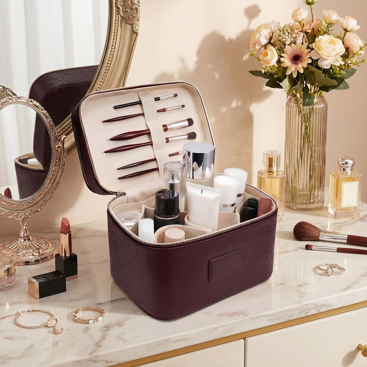 Idoltimes leather-cosmetic-bag-dual-layer top view highlights quick-access design.
