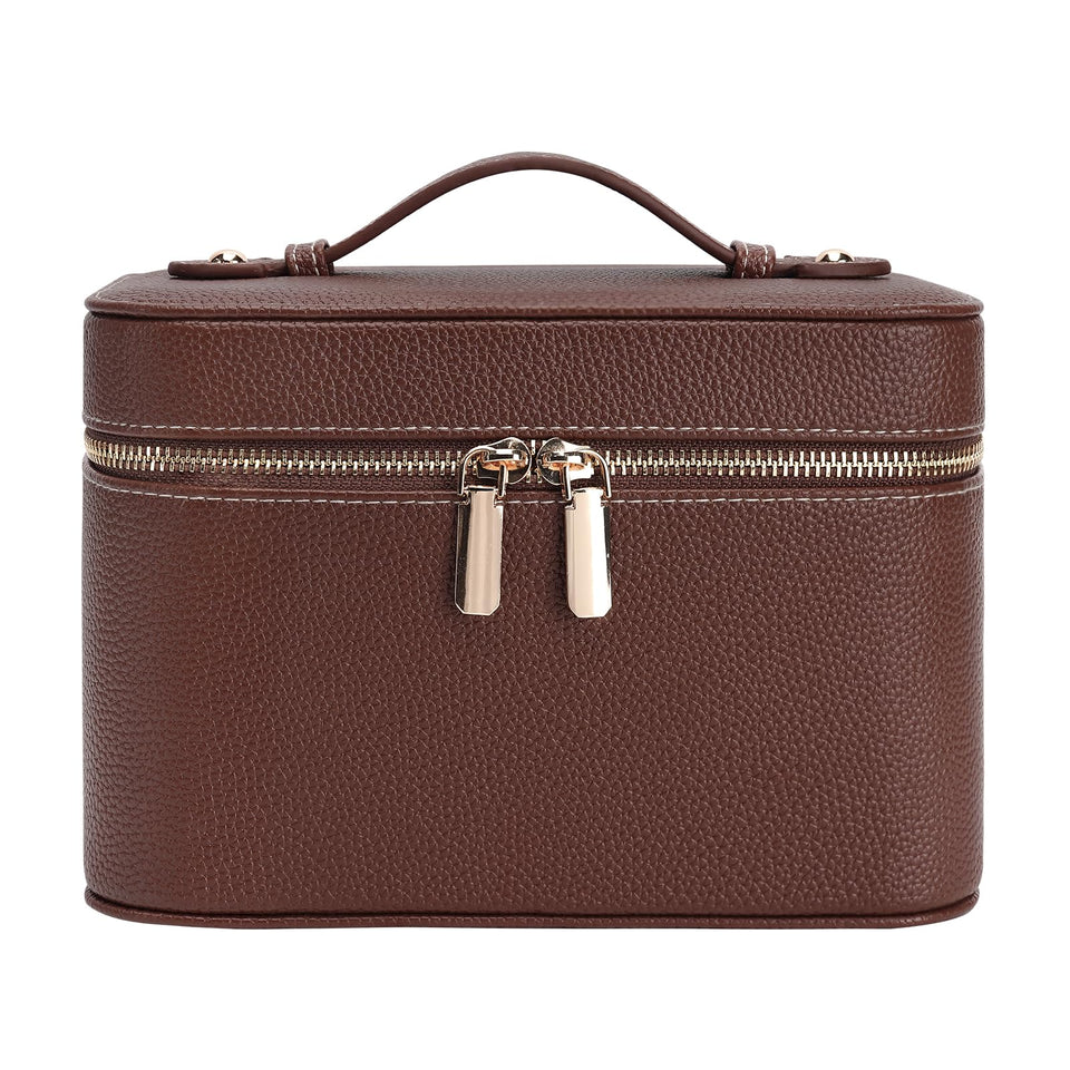 idoltimes makeup case leather front view, durable travel companion