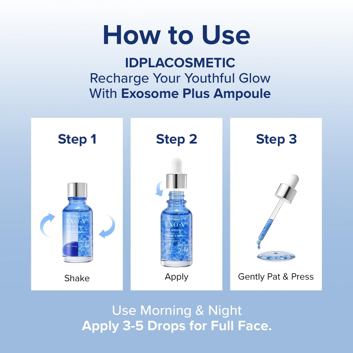 ID PLACOSMETICS EXO-V Plus Ampoule application steps on clean skin.