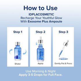 ID PLACOSMETICS EXO-V Plus Ampoule application steps on clean skin.