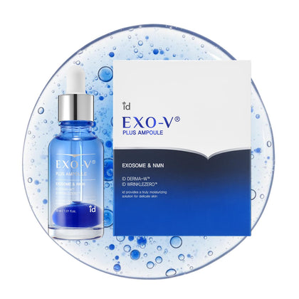 ID PLACOSMETICS EXO-V Plus Ampoule bottle front, premium packaging for daily skin prep.