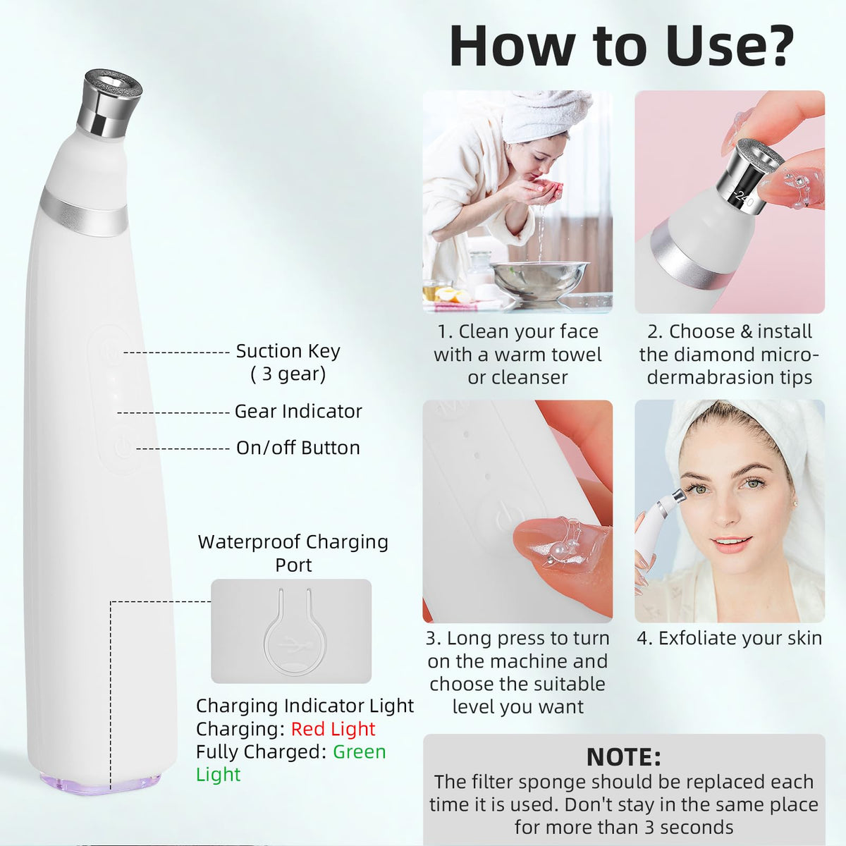 IeBilif suction level dial with adjustable power for sensitive to stubborn pores.