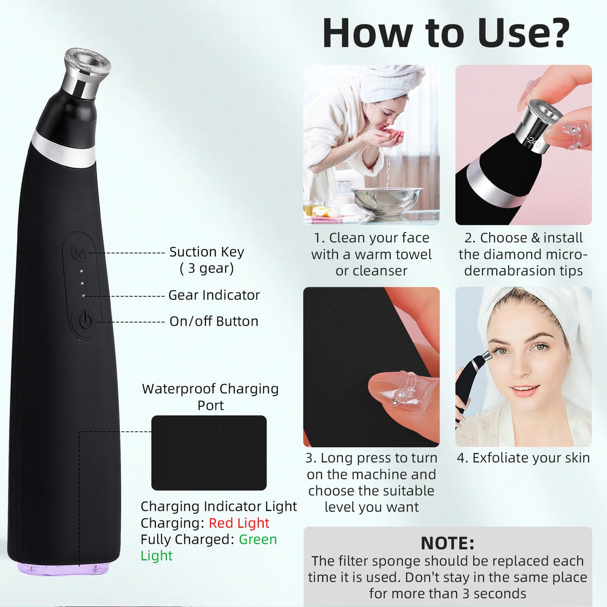 IeBilif three-level suction settings for sensitive to oily skin.