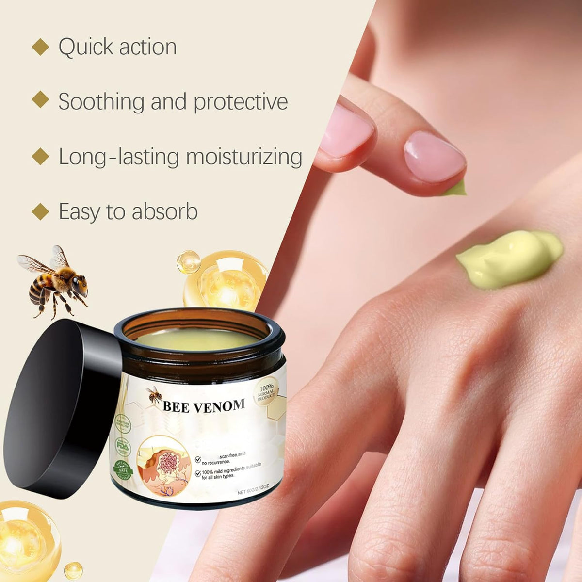 Ingredient panel of iekufes Bee Venom Cream with natural extracts.
