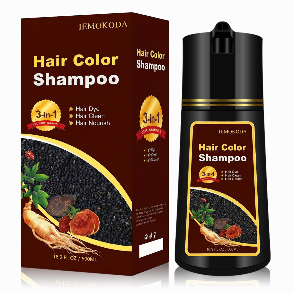 iemokoda natural black hair dye shampoo bottle showcasing easy gray coverage