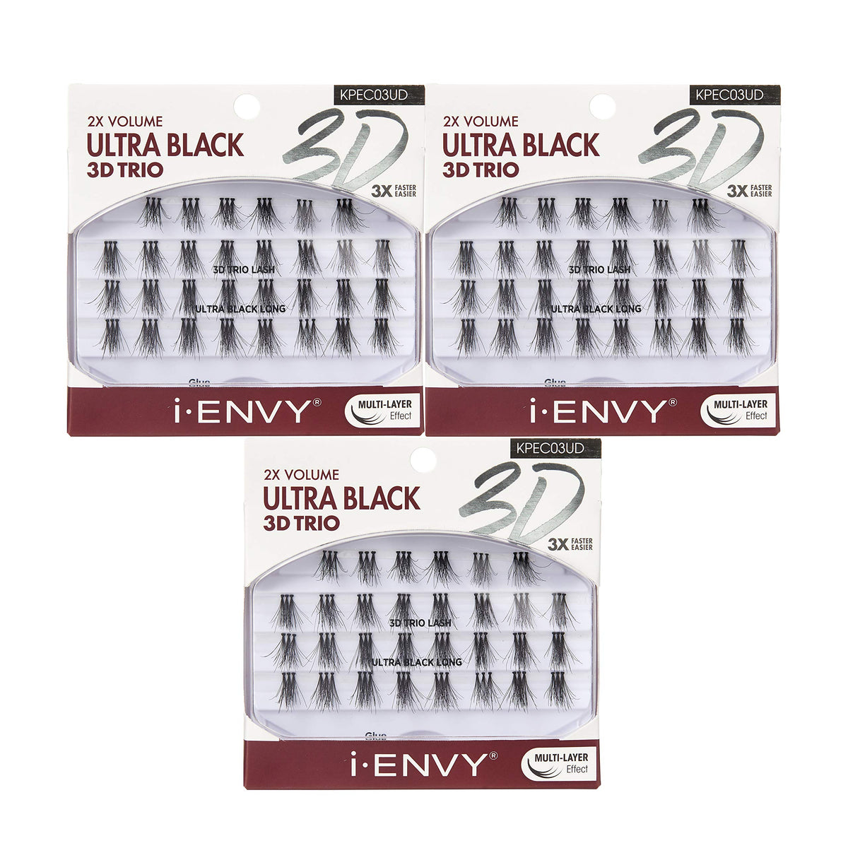 iENVY 3D Trio Ultra Black Lashes 3-pack on display for dramatic volume.