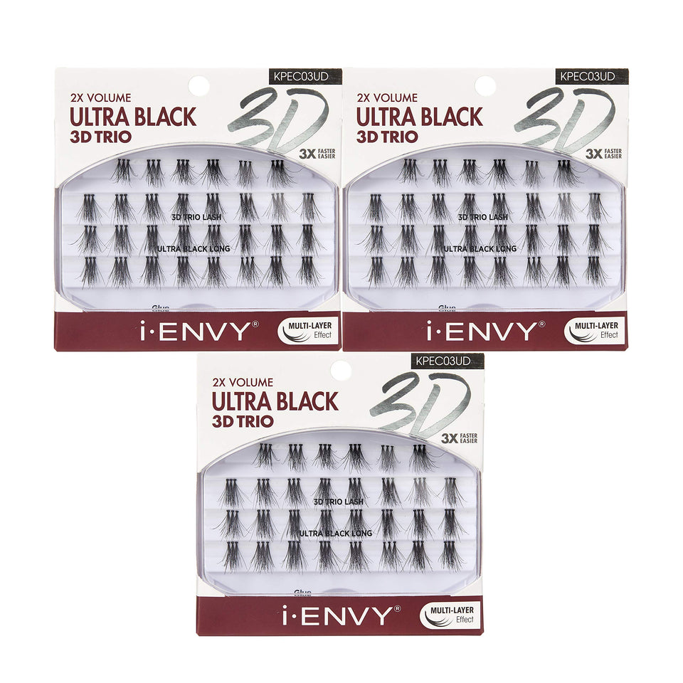 iENVY 3D Trio Ultra Black Lashes 3-pack on display for dramatic volume.