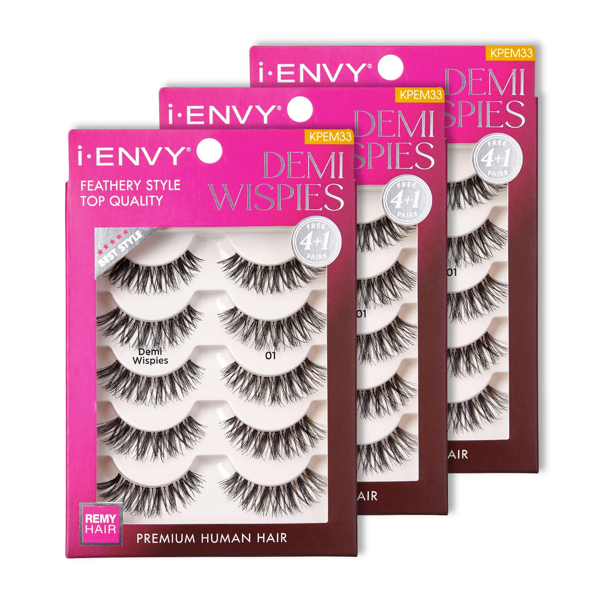 iENVY Demi Wispies close-up of a 3-pack bundle with premium human hair.