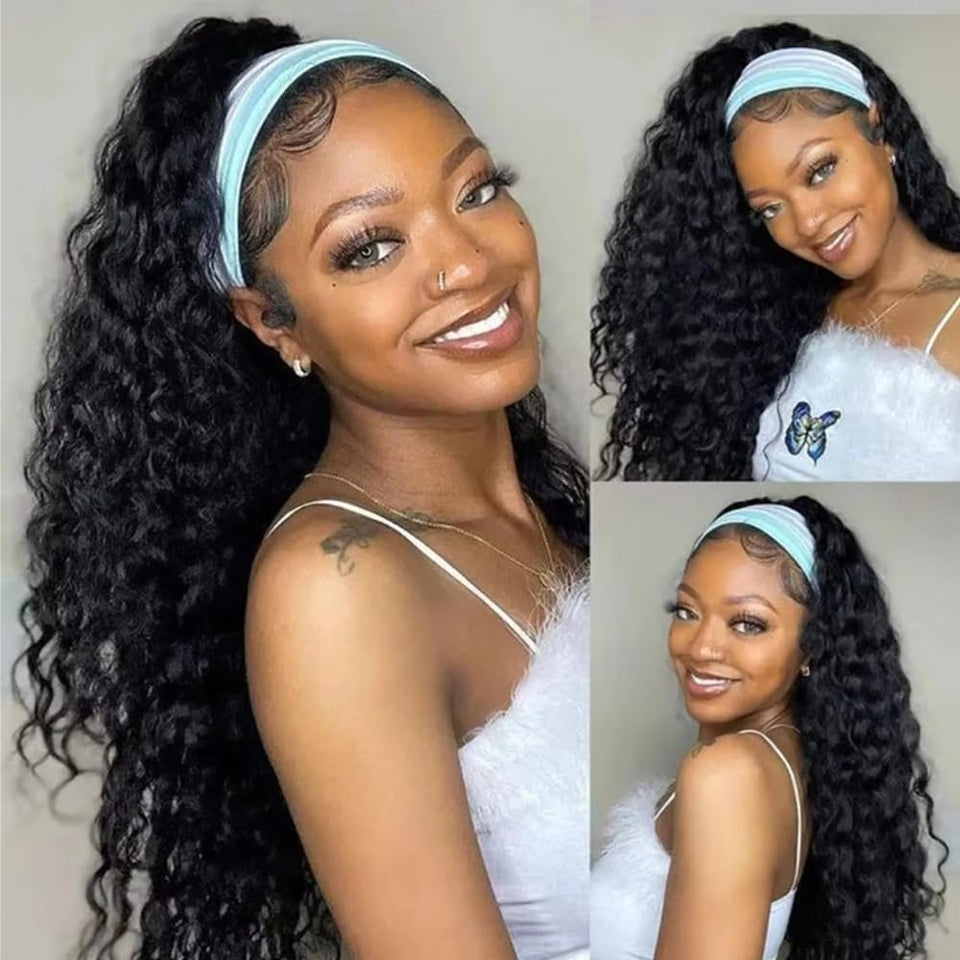 iesste long headband wig with deep wave texture for natural daily wear.