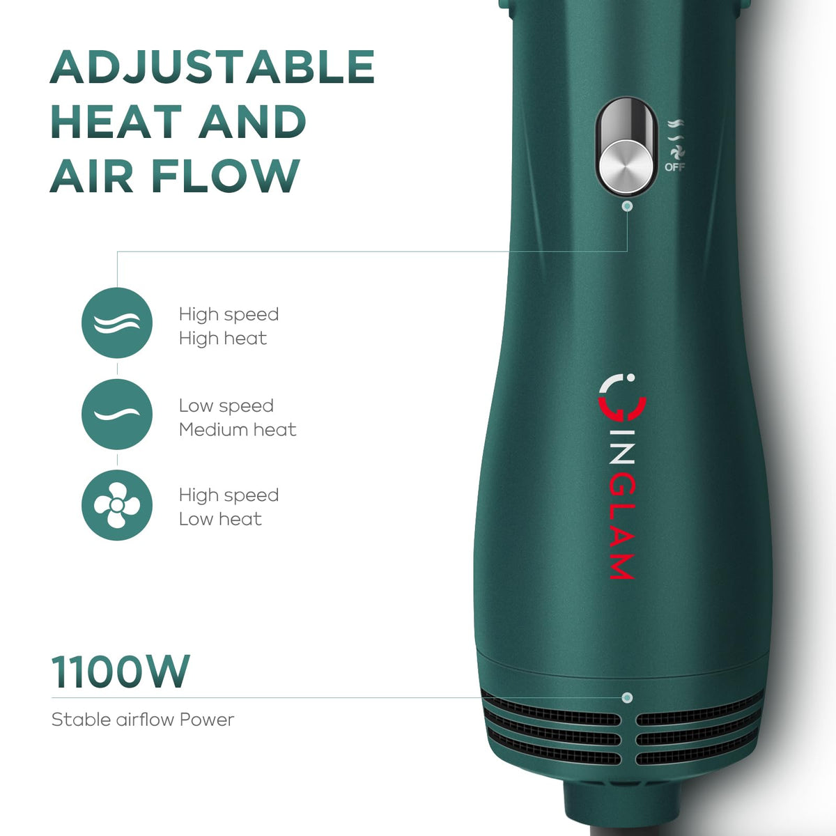 IG INGLAM hair dryer brush three heat settings for hair type.