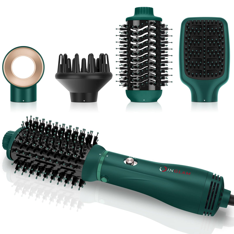 IG INGLAM hair dryer brush 4-in-1 design enables quick salon-style blowouts.