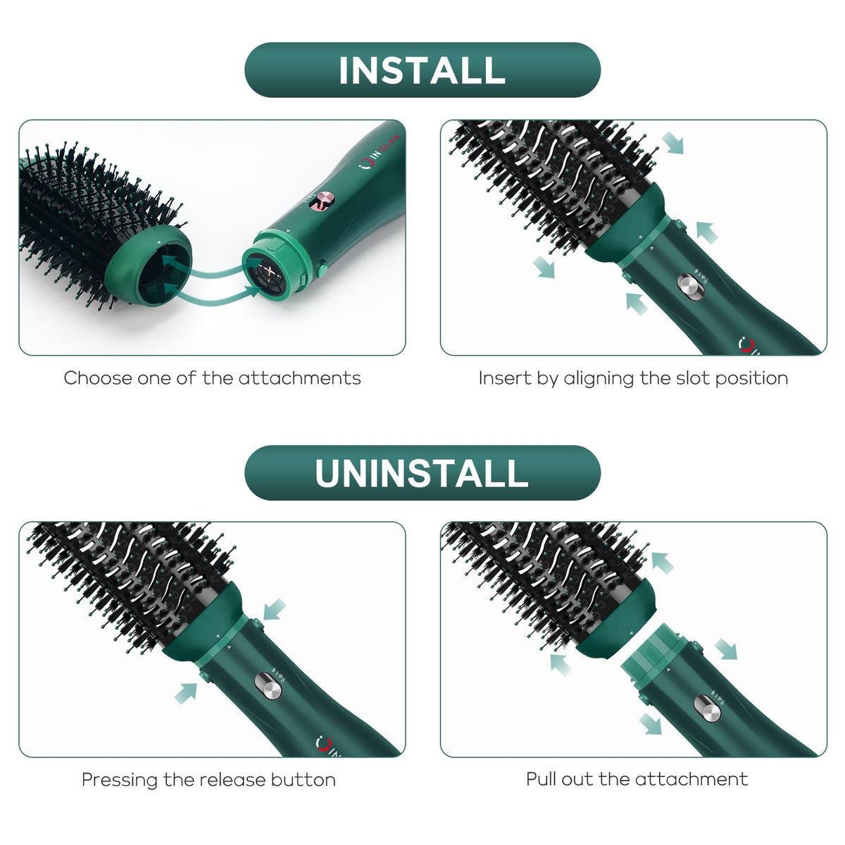 IG INGLAM hair dryer brush interchangeable heads support drying and styling.
