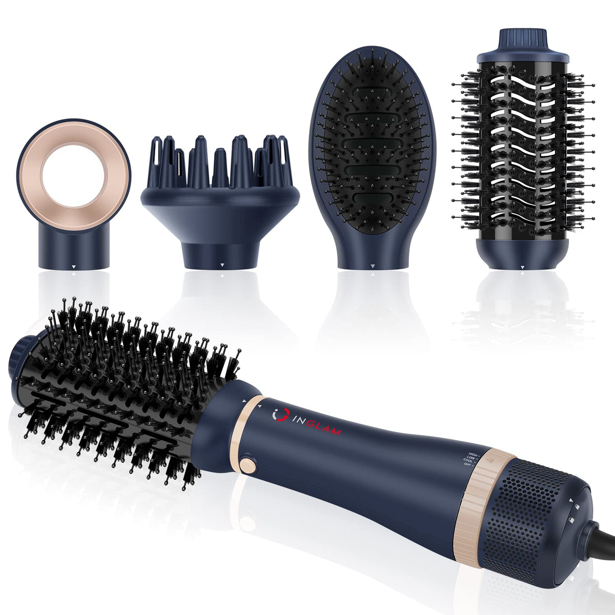 IG INGLAM hair dryer brush set drying head delivers quick, smooth drying with even heat.