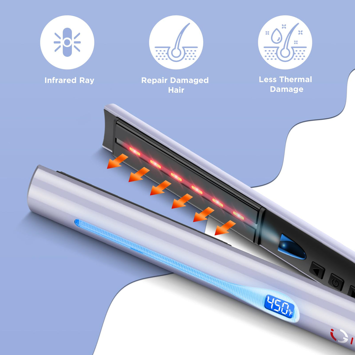IG INGLAM titanium flat iron side view shows wide heat plates for even styling